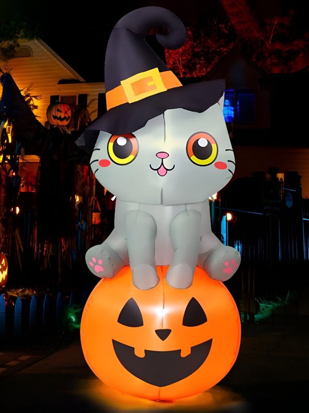 6 FT Halloween Inflatables Cat Outdoor Decorations Blow Up Yard Cute Wizard Cat